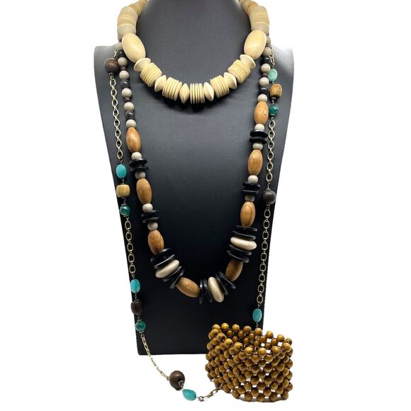 Wood Stone Beaded Necklaces & Stretch Bracelet Set Of Four Vintage 80s Bohemian - Picture 2 of 11